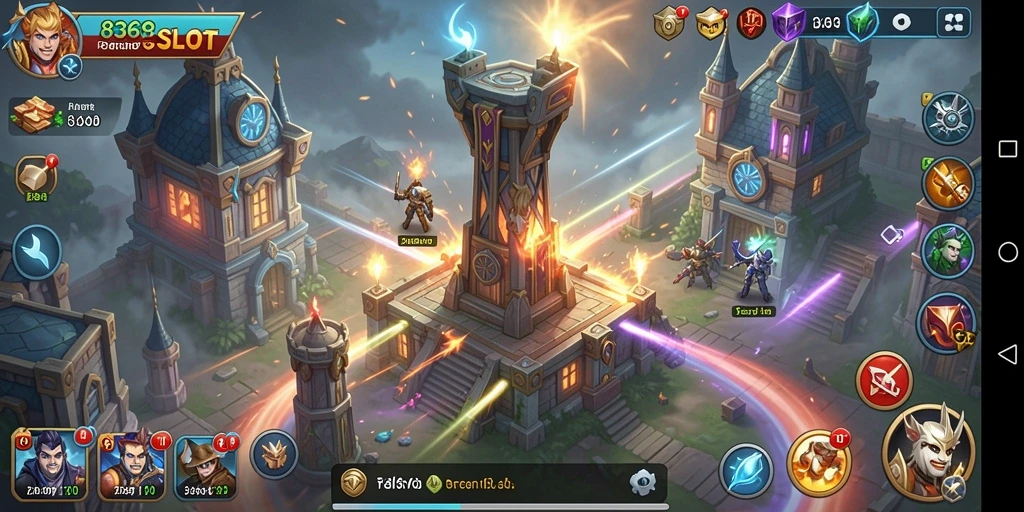 Screenshot gameplay dari 8368SLOT menampilkan pertahanan menara yang strategis.