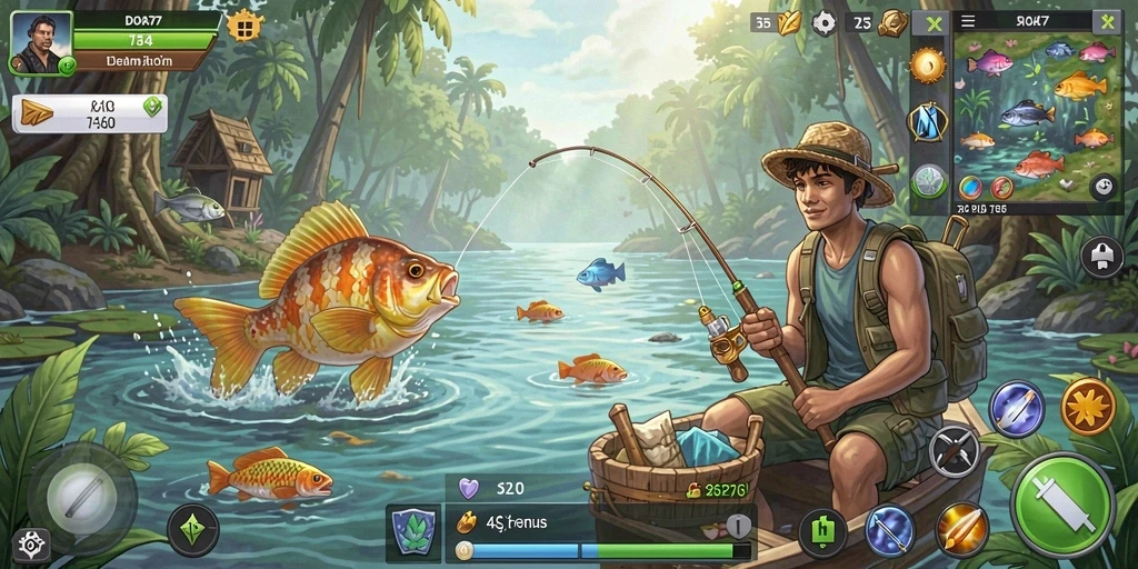 Screenshot gameplay DORA77 menampilkan aktivitas memancing seru.