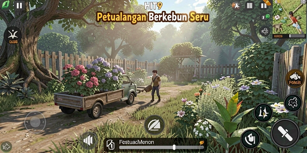 Tampilan gameplay HIT9 dengan kebun yang rimbun dan aktivitas bercocok tanam.