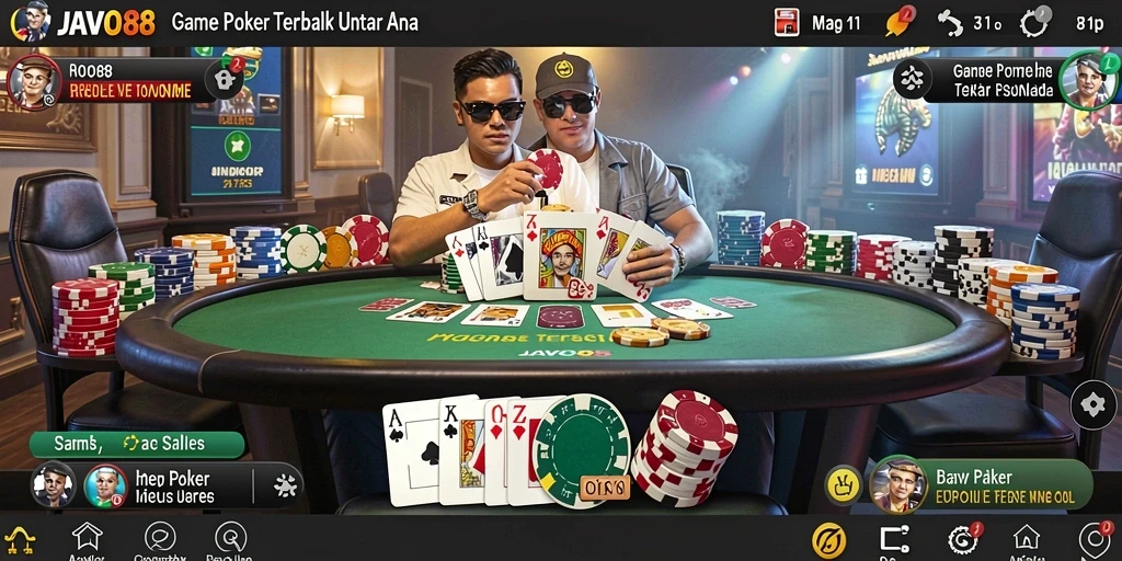 Screenshot gameplay JAVO88 menampilkan permainan poker yang mendebarkan dan interaksi pemain.