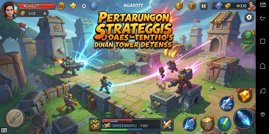 Tangkapan layar permainan NGASO77 dengan menara yang menahan serbuan musuh.