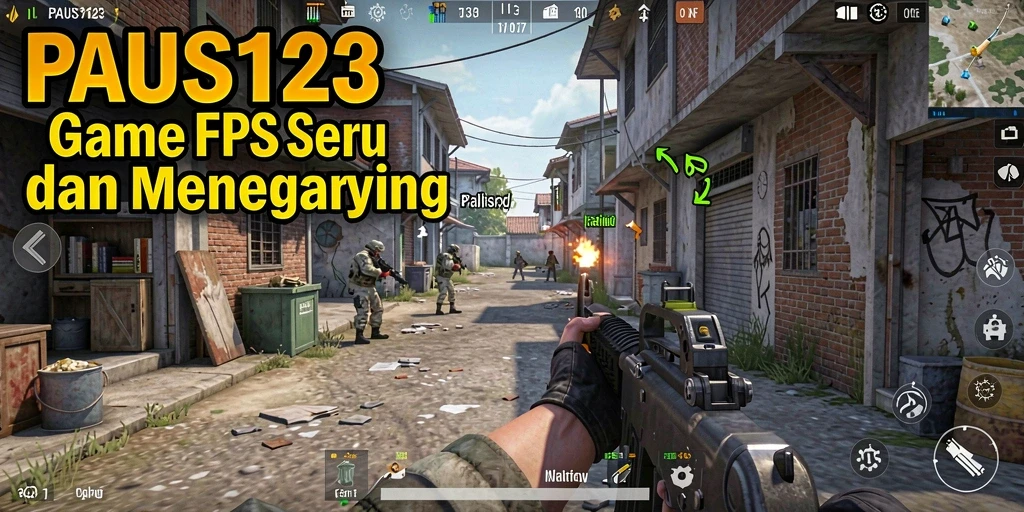 Tampilan gameplay mendebarkan dari PAUS123, menunjukkan aksi tembak-menembak seru.