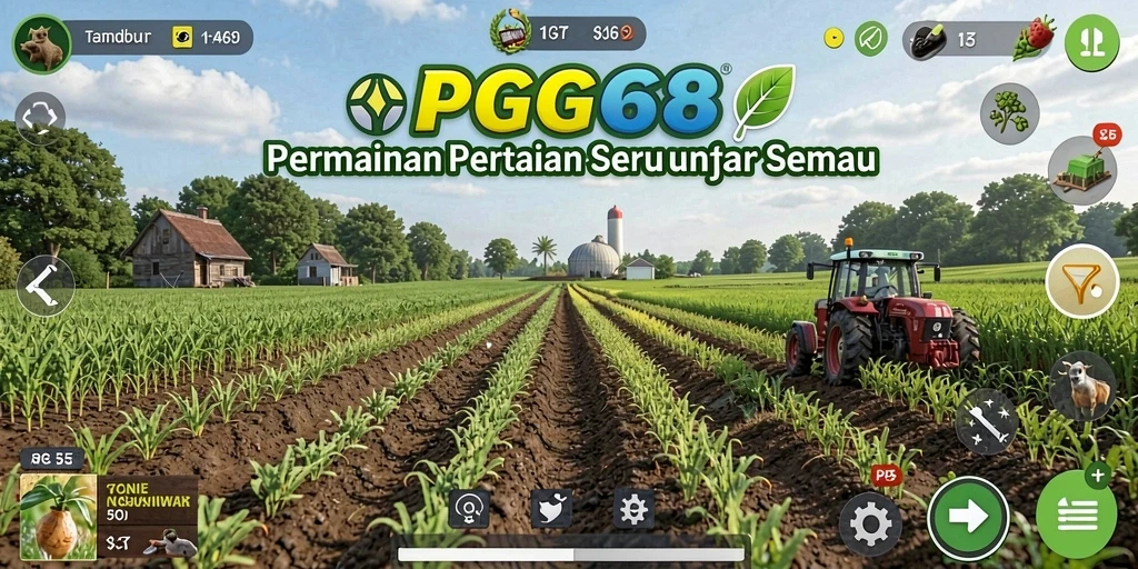 Screenshot gameplay PGG68 menampilkan ladang yang hijau dan subur dengan berbagai tanaman.