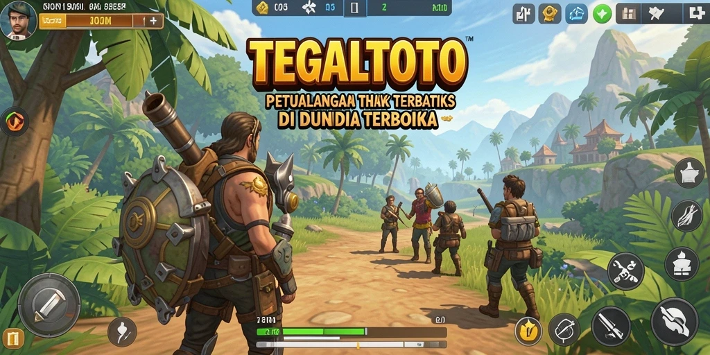 Screenshot gameplay TEGALTOTO menunjukkan petualangan luas di dunia terbuka.