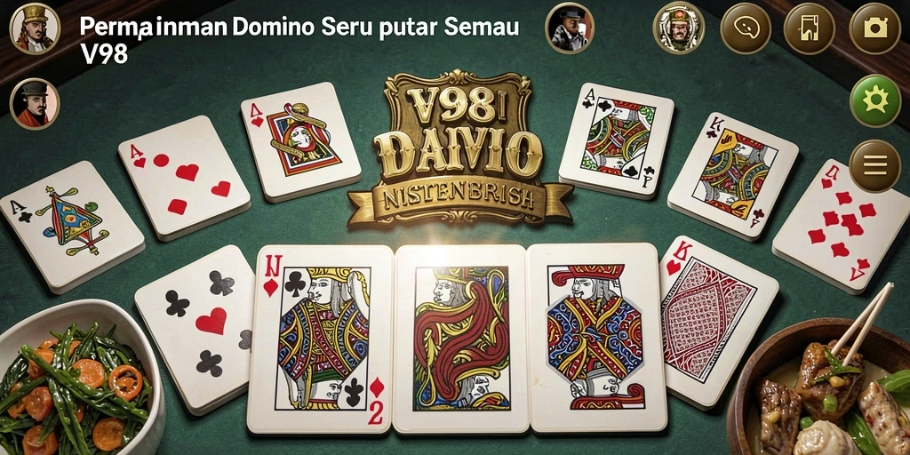 Screenshot gameplay V98 menampilkan suasana permainan Domino yang seru.