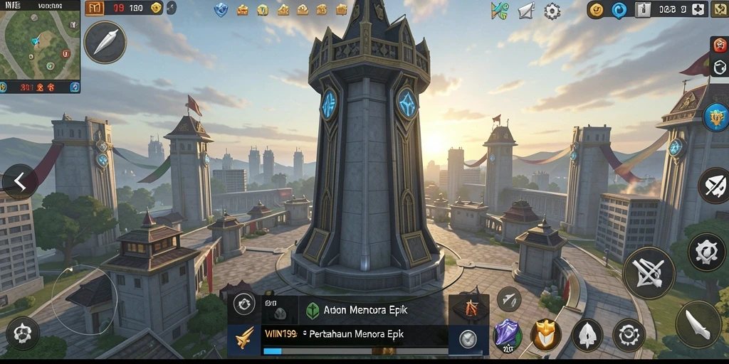 Screenshot gameplay WIN199 menampilkan pertempuran menara yang intens.